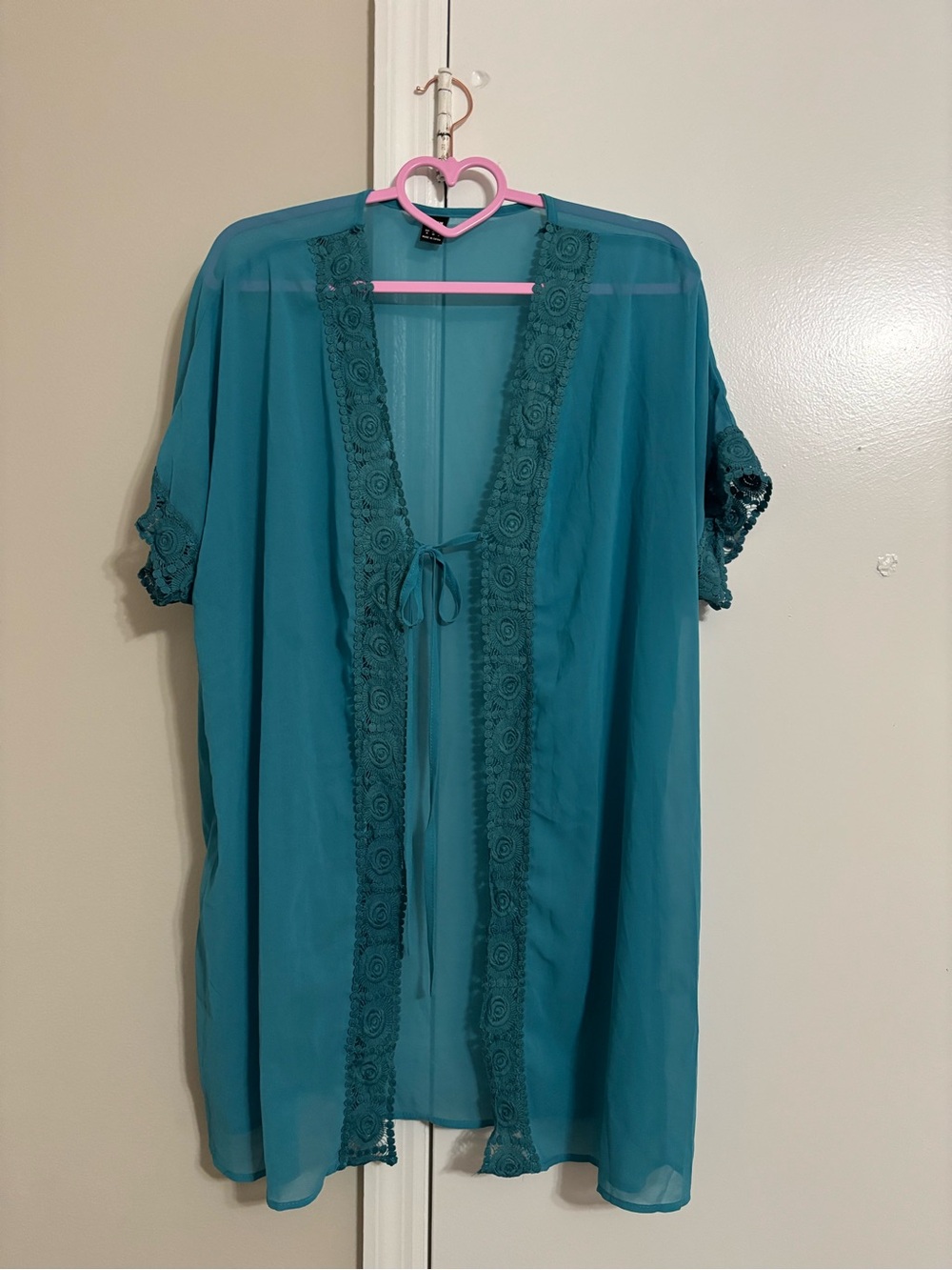 SHEIN Teal Sheer Lace-Trim Kimono Robe
